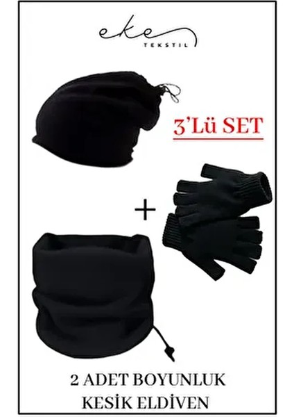 3 Lü Set Soğuk Geçirmez Termal Polar Boyunluk Bere ve Örgü Kesik Eldiven Siyah