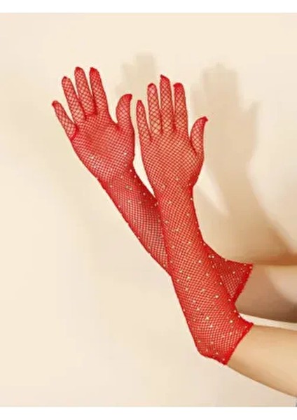 Kırmızı Uzun Şık Gelin Eldiveni Tül Eldiven Nikah/düğün Eldiveni Taşlı Eldiven