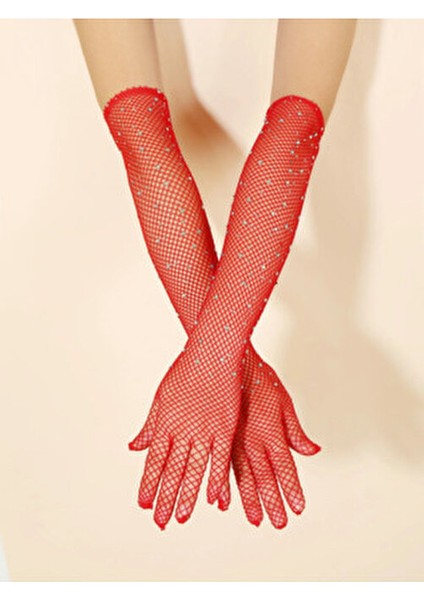 Kırmızı Uzun Şık Gelin Eldiveni Tül Eldiven Nikah/düğün Eldiveni Taşlı Eldiven fırsatları