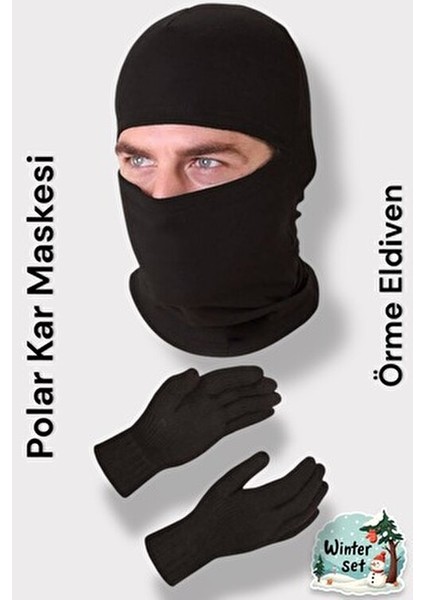 Siyah Termal Kışlık Polar Kar Maskesi ve Örme Eldiven Seti