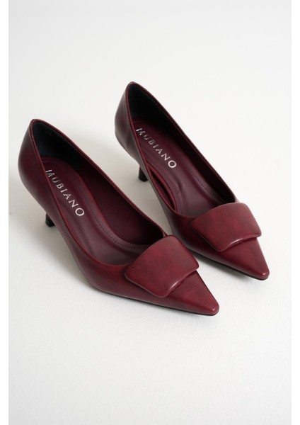 Verona Bordo Sivri Burunlu Kadın Toka Detay Alçak Ince Topuklu Klasik Ayakkabı (5.5cm)