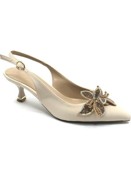 Bej Önü Çiçek Taş Detaylıarkası Açık Sivri Burun Topuklu Ayakkabı fiyatları