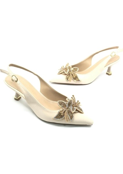 Bej Önü Çiçek Taş Detaylıarkası Açık Sivri Burun Topuklu Ayakkabı modelleri