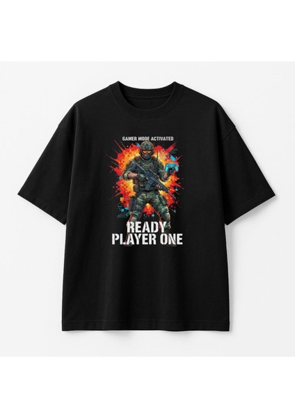 Gamer Asker Baskılı Unisex Bisiklet Yaka Pamuk Oversize T-Shirt