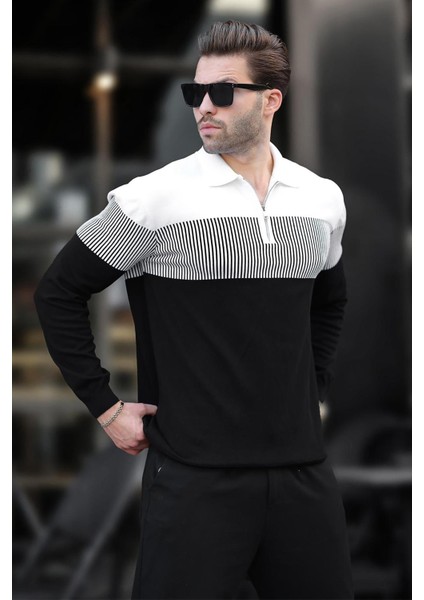 Siyah Fermuar Yaka Renk Bloklu Uzun Kollu Kazak 7262