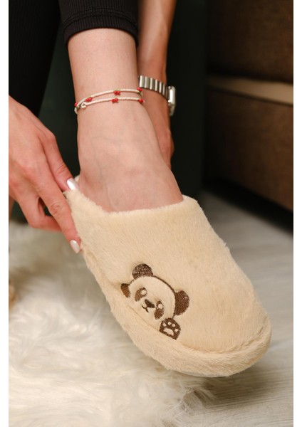 Panda Nakışlı Kadın Ev Terliği Peluş Terlik Çeyiz ve Bohça Terliği Ses Yapmaz Kalın Taban fiyatları