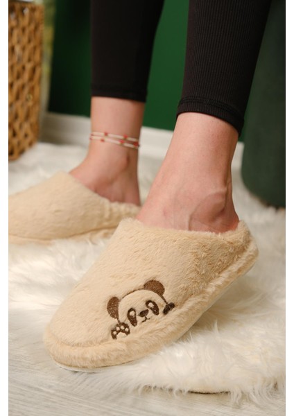 Panda Nakışlı Kadın Ev Terliği Peluş Terlik Çeyiz ve Bohça Terliği Ses Yapmaz Kalın Taban modelleri