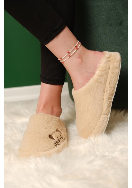 Panda Nakışlı Kadın Ev Terliği Peluş Terlik Çeyiz ve Bohça Terliği Ses Yapmaz Kalın Taban fırsatları