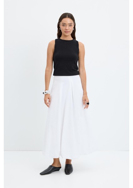 Yüksek Bel Pile Detaylı Balon Etek Ekru