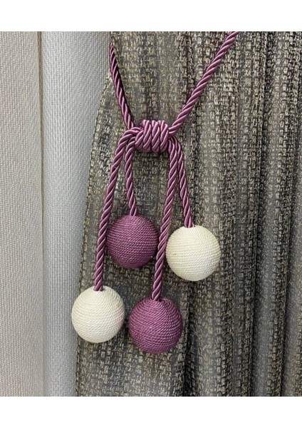 4 Top Tavan Korniş Bağlantılı Braçol Perde Aksesuarı - Mürdüm-Krem