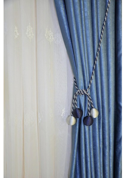 Modern Sarım 4 Toplu Braçol Kornişe Takmatik Ipli Tavan Perde Aksesuar Lacivert-Gri