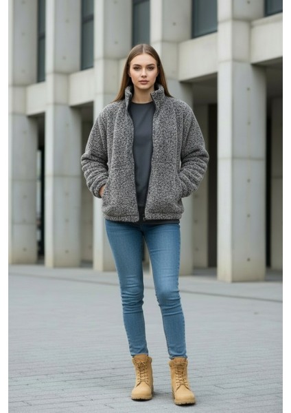 Kadın Oversize Peluş, Polar, Fermuarlı, Teddy Dik Yaka, Sıcak Tutucu Yumuşak Kışlık Ceket