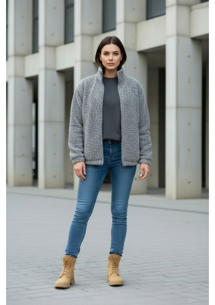 Kadın Oversize Peluş, Polar, Fermuarlı, Teddy Dik Yaka, Sıcak Tutucu Yumuşak Kışlık Ceket fiyatları