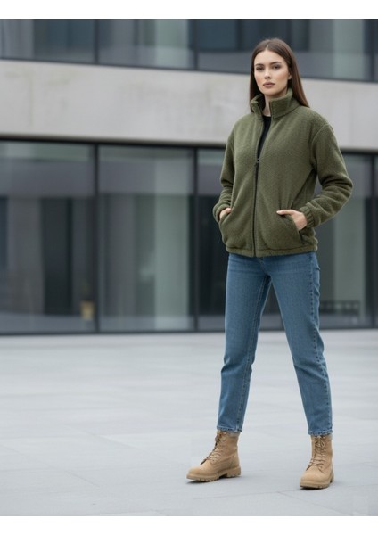 Kadın Oversize Peluş, Polar, Fermuarlı, Teddy Dik Yaka, Sıcak Tutucu Yumuşak Kışlık Ceket