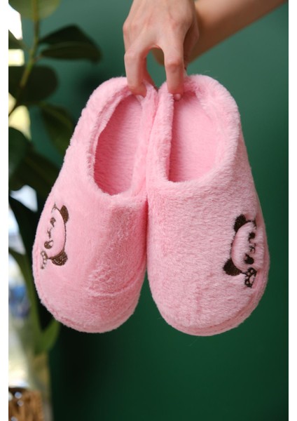 Panda Nakışlı Kadın Ev Terliği Peluş Terlik Çeyiz ve Bohça Terliği Ses Yapmaz Kalın Taban