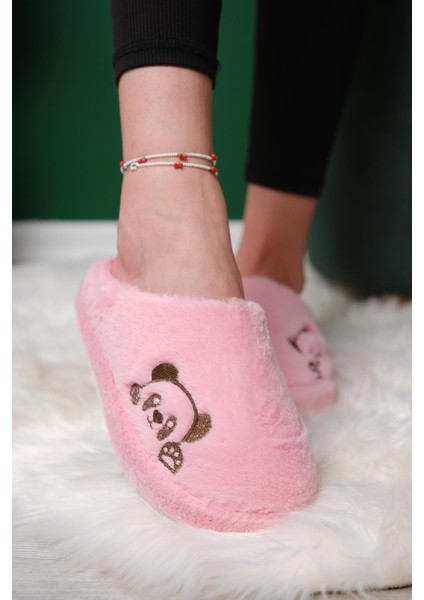 Panda Nakışlı Kadın Ev Terliği Peluş Terlik Çeyiz ve Bohça Terliği Ses Yapmaz Kalın Taban modelleri