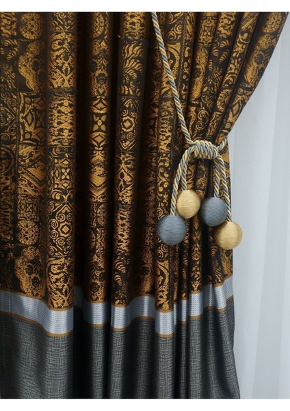 Modern Sarım 4 Toplu Braçol Kornişe Tavan Perde Aksesuarı Koyugri&hardal Sarısı