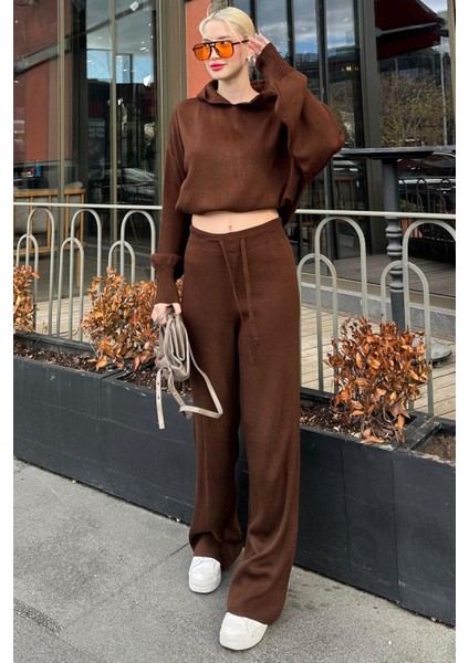Kahverengi Kapüşonlu Triko Kadın Eşofman Takımı MG2237 fiyatları