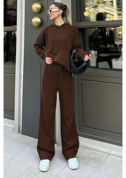 Kahverengi Kapüşonlu Triko Kadın Eşofman Takımı MG2237 modelleri