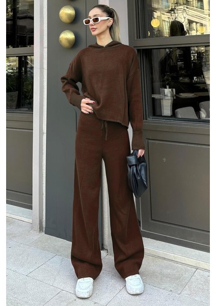 Kahverengi Kapüşonlu Triko Kadın Eşofman Takımı MG2237 fırsatları