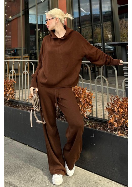 Kahverengi Kapüşonlu Triko Kadın Eşofman Takımı MG2237 indirimleri