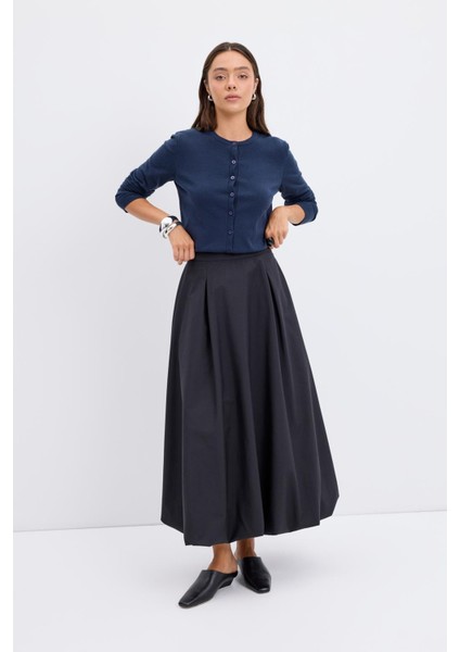 Yüksek Bel Pile Detaylı Balon Etek Siyah