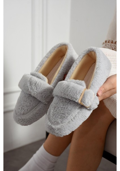 Yumuşak Peluş Tokalı Kadın Ev Babeti Ses Yapmaz Hafif Taban Panduf Ev Babeti