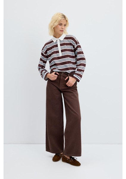 Yüksek Bel Geniş Paça Gabardin Pantolon Kahve