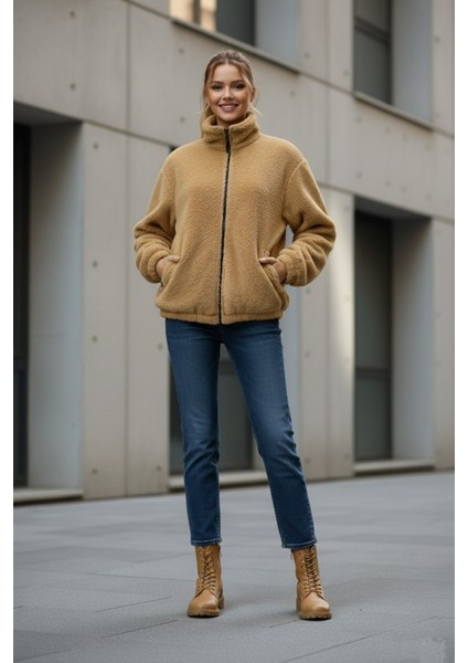Kadın Oversize Peluş, Polar, Fermuarlı, Teddy Dik Yaka, Sıcak Tutucu Yumuşak Kışlık Ceket