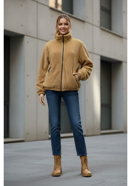 Kadın Oversize Peluş, Polar, Fermuarlı, Teddy Dik Yaka, Sıcak Tutucu Yumuşak Kışlık Ceket fiyatları