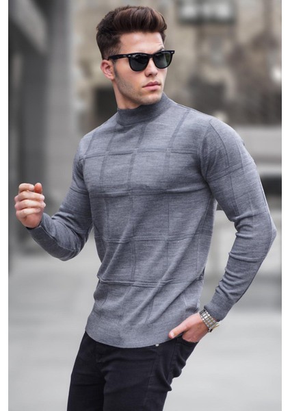 Antrasit Balıkçı Yaka Triko Kazak Erkek Fitted Kesim Geometrik Desenli
