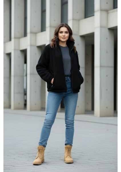 Kadın Oversize Peluş, Polar, Fermuarlı, Teddy Dik Yaka, Sıcak Tutucu Yumuşak Kışlık Ceket