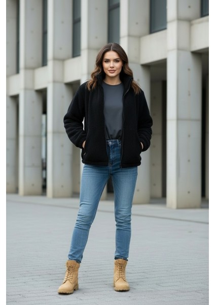 Kadın Oversize Peluş, Polar, Fermuarlı, Teddy Dik Yaka, Sıcak Tutucu Yumuşak Kışlık Ceket fiyatları