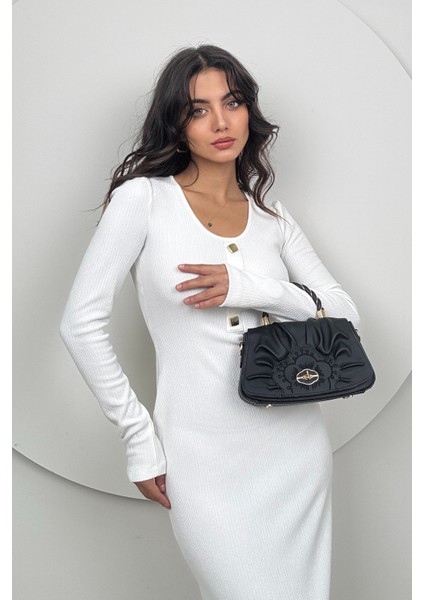 Mira Kadın Uzun Kollu V Yaka Düğmeli Beyaz Slim Fit Triko Elbise fiyatları