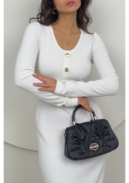 Mira Kadın Uzun Kollu V Yaka Düğmeli Beyaz Slim Fit Triko Elbise modelleri