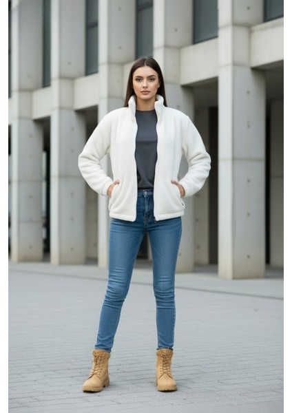 Kadın Oversize Peluş, Polar, Fermuarlı, Teddy Dik Yaka, Sıcak Tutucu Yumuşak Kışlık Ceket