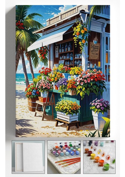 Sayılarla Boyama Çerçeveli Hobi Seti Numaralı Tuval Fırça Boya Dahil Kasnaklı 40X50 cm Çiçekçi