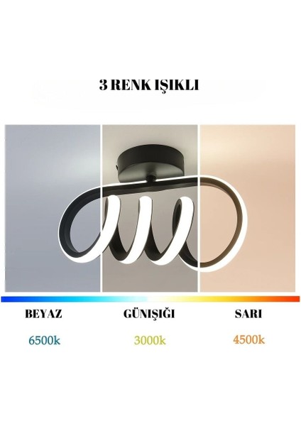Burgu Siyah Tavana Sıfır 3 Renk Işıklı LED Avize fiyatları