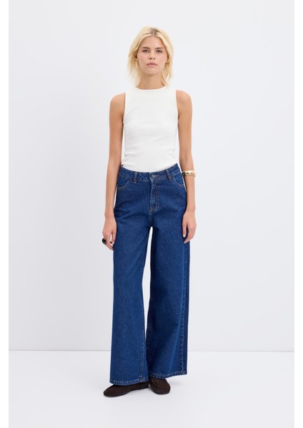 Yüksek Bel Geniş Paça Gabardin Pantolon Koyu Mavi