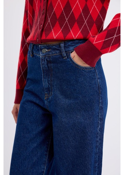 Yüksek Bel Geniş Paça Gabardin Pantolon Koyu Mavi fırsatları