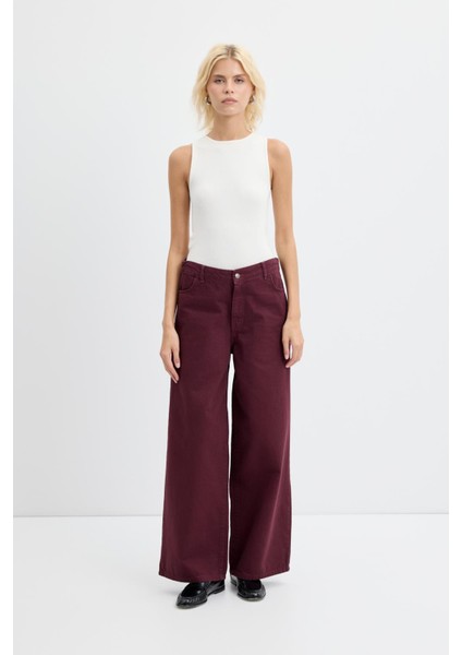 Yüksek Bel Geniş Paça Gabardin Pantolon Bordo fiyatları