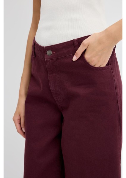 Yüksek Bel Geniş Paça Gabardin Pantolon Bordo fırsatları