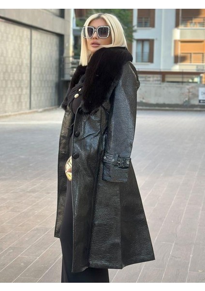 3880 Yaka Kürklü Rugan Trench Siyah fiyatları