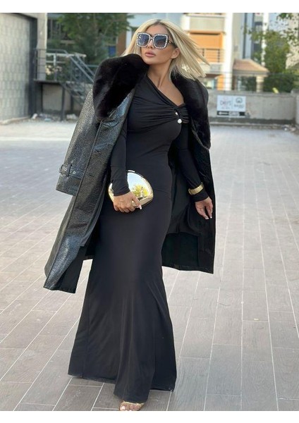 3880 Yaka Kürklü Rugan Trench Siyah fırsatları