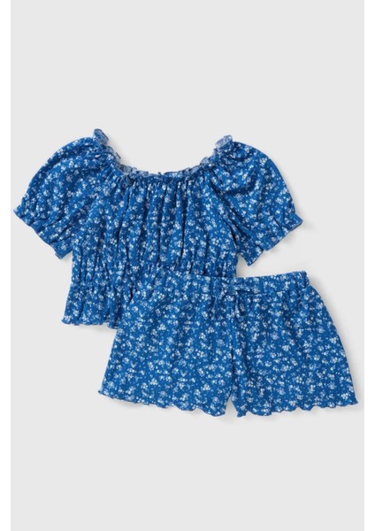 Kız Çocuk Mavi Çiçek Desenli Yazlık Bluz Şort Takım - Kız Çocuk Takım