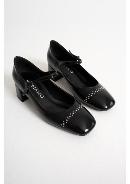 Estelle Siyah Küt Burun Kadın Rugan Topuklu Ayakkabı (5cm)