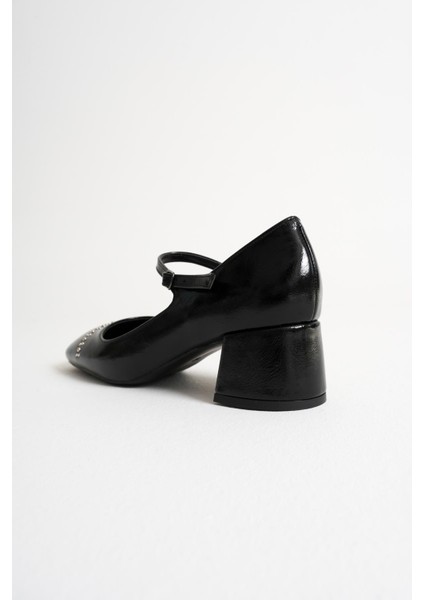Estelle Siyah Küt Burun Kadın Rugan Topuklu Ayakkabı (5cm) fırsatları