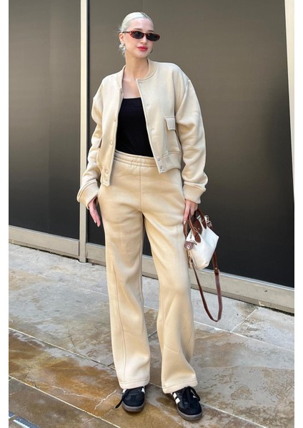 Bej Bisiklet Yaka Ceket Alt Üst Eşofman Takımı MG2182