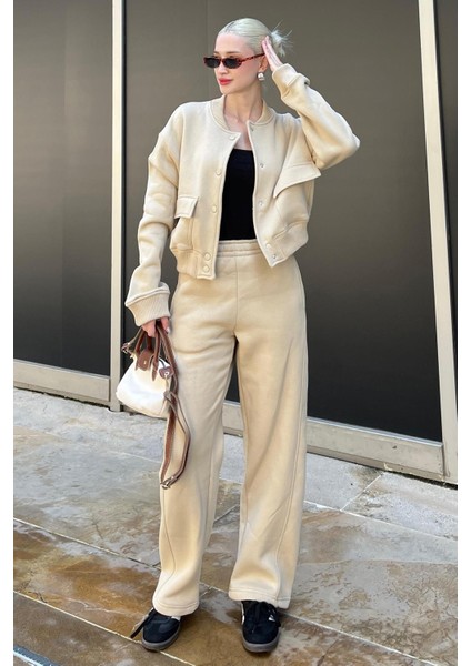 Bej Bisiklet Yaka Ceket Alt Üst Eşofman Takımı MG2182 fırsatları