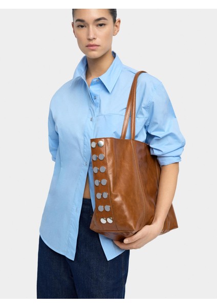 Zımba Detaylı Süet Deri Shopper Çanta